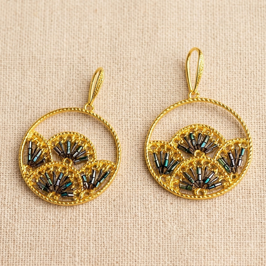 Woven Fan Drop Earrings & Necklace Set, Handmade Black Seed Bead Statement Set