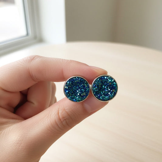 Sparkly Druzy Stud Earrings, Handmade Shimmer Studs in Multiple Colours
