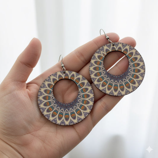 Boho Wooden Drop Earrings, Handmade Double-Sided Printed Statement Pieces