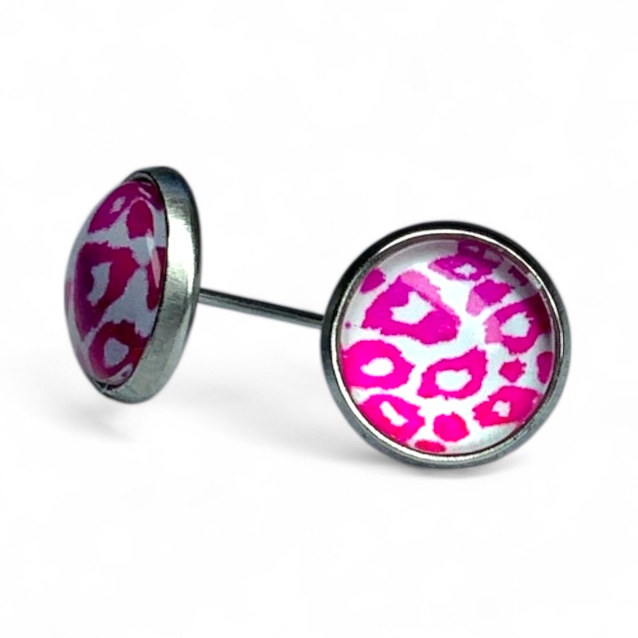 Wild Animal Print Stud Earrings, Handmade Everyday Statement Studs Pink Jaguar