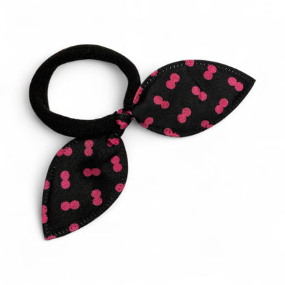 Fabric Bow Hair Ties – 2 Pack Printed Bows on Soft Elastic Bands Black Double Dots