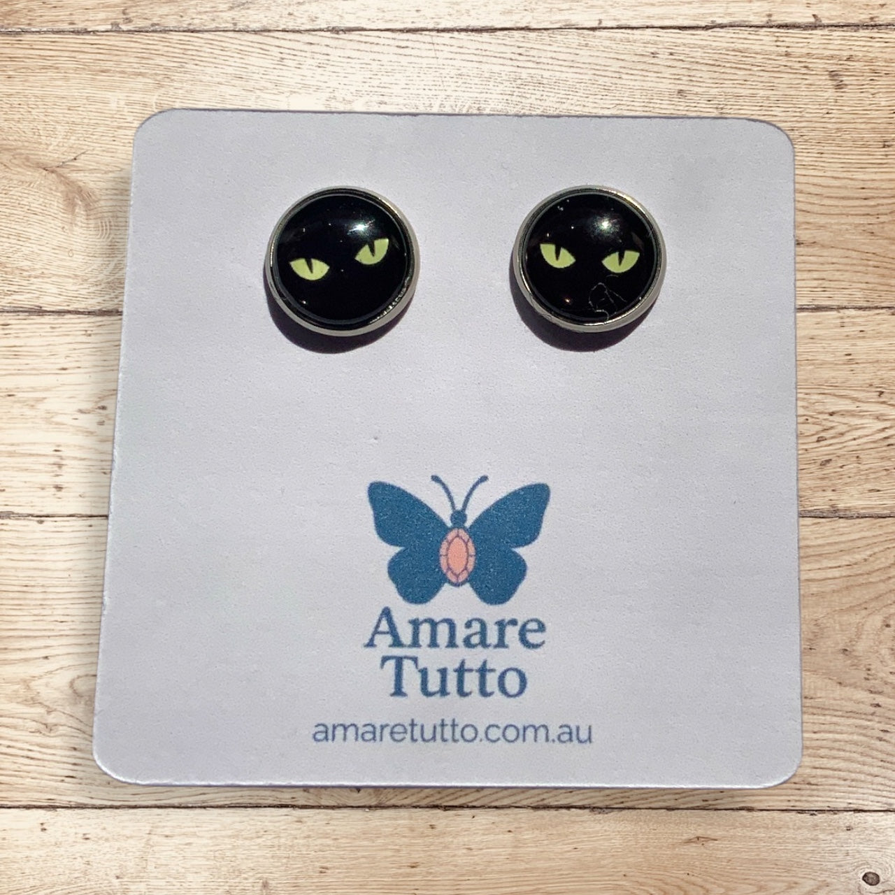 Black Cat Eyes Glass Cabochon Stud Earrings (12mm) – Stainless Steel