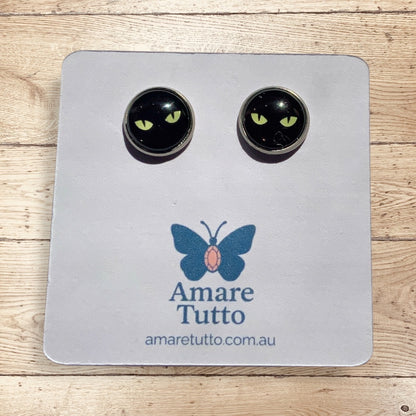 Black Cat Eyes Glass Cabochon Stud Earrings (12mm) – Stainless Steel
