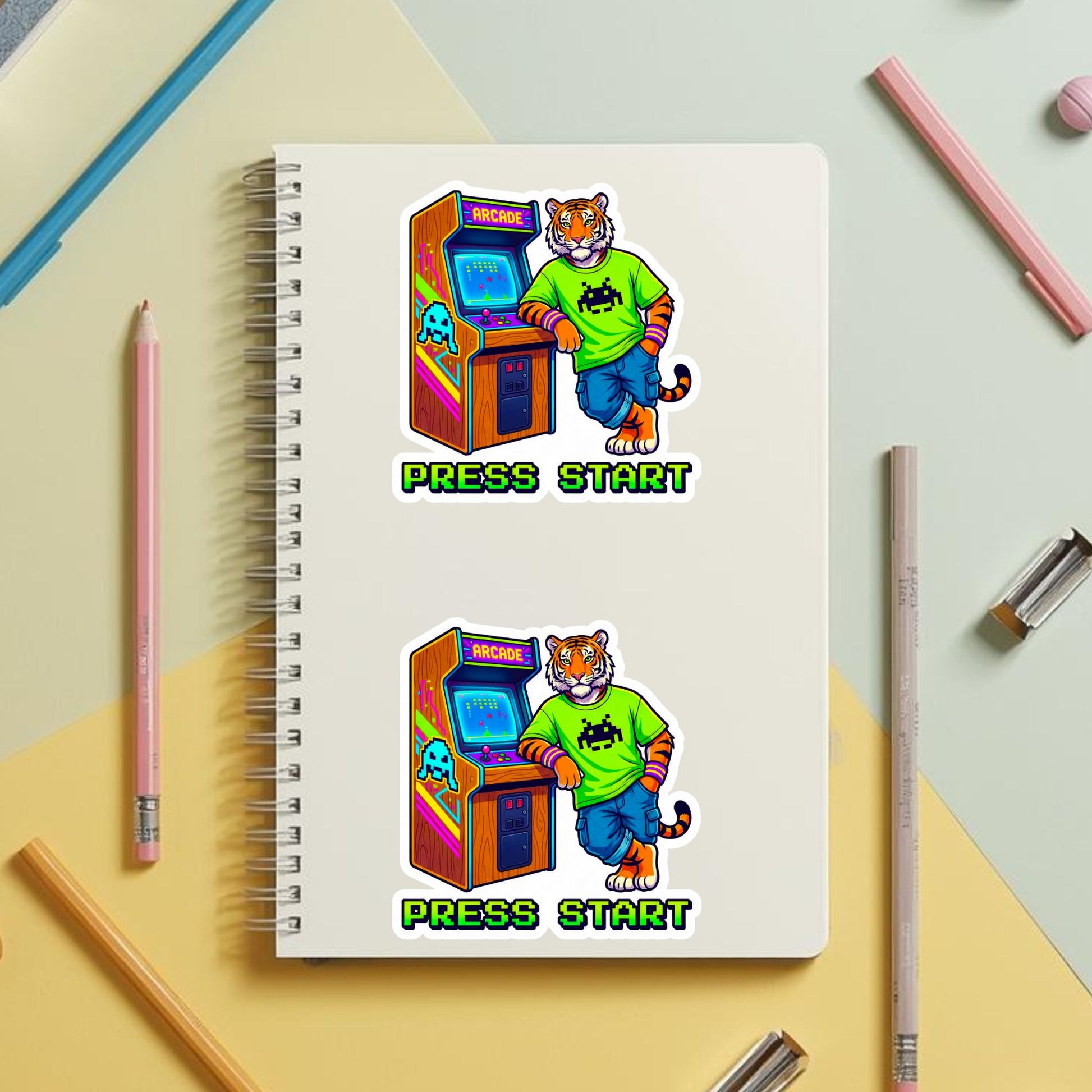 Press Start Arcade Tiger | 90s Gamer | White Vinyl | Die-Cut Sticker