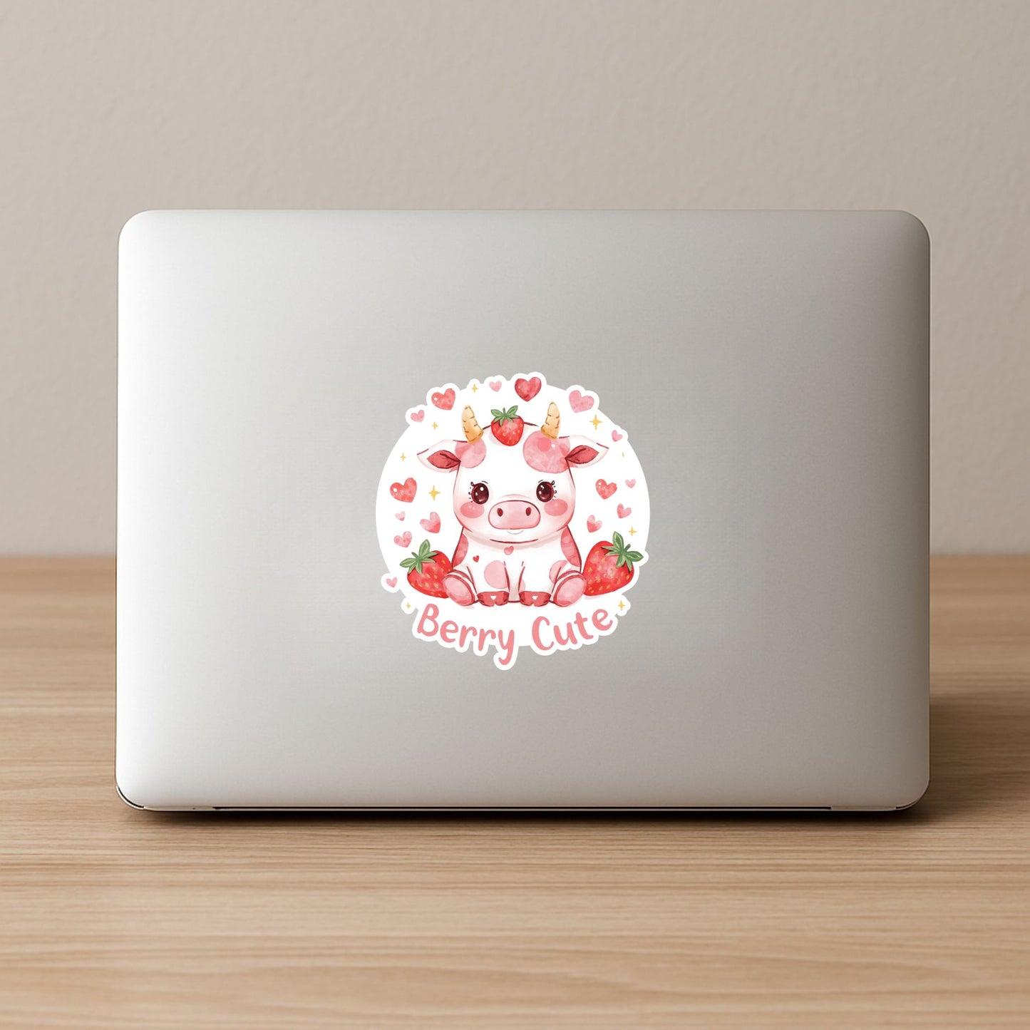 Berry Cute Strawberry Cow | Kawaii Food | White Vinyl | Die-Cut Sticker