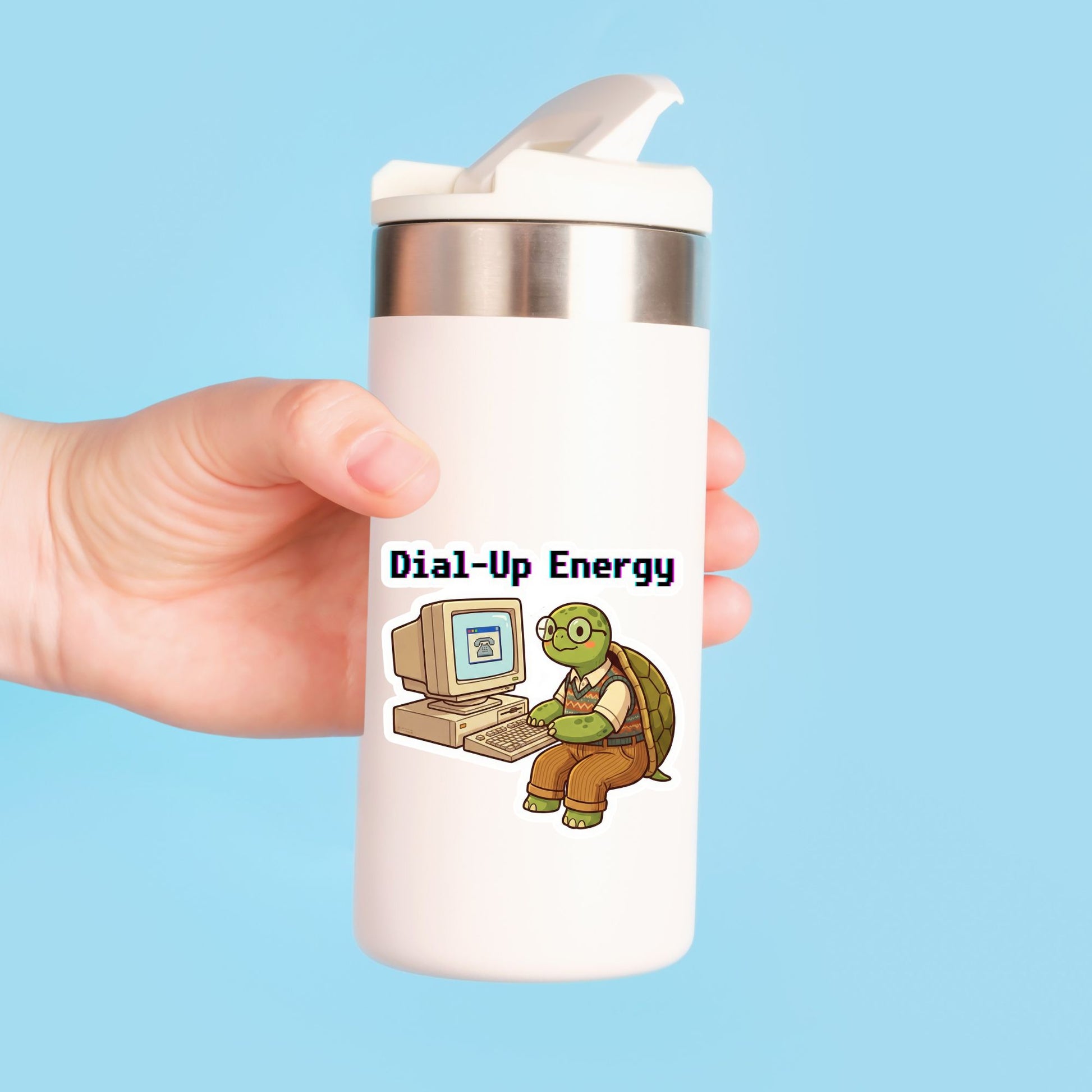 Dial-Up Energy Vintage Turtle | 90s Tech | White Vinyl | Die-Cut Sticker