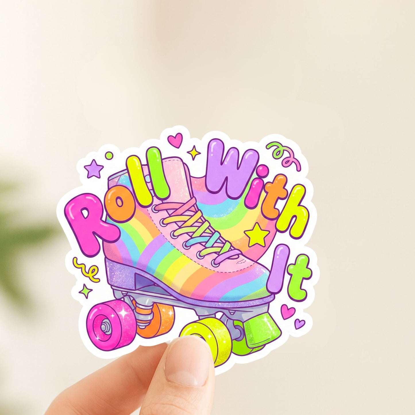Roll With It Rainbow Skate | Retro Skater | Iridescent Vinyl | Die-Cut Sticker