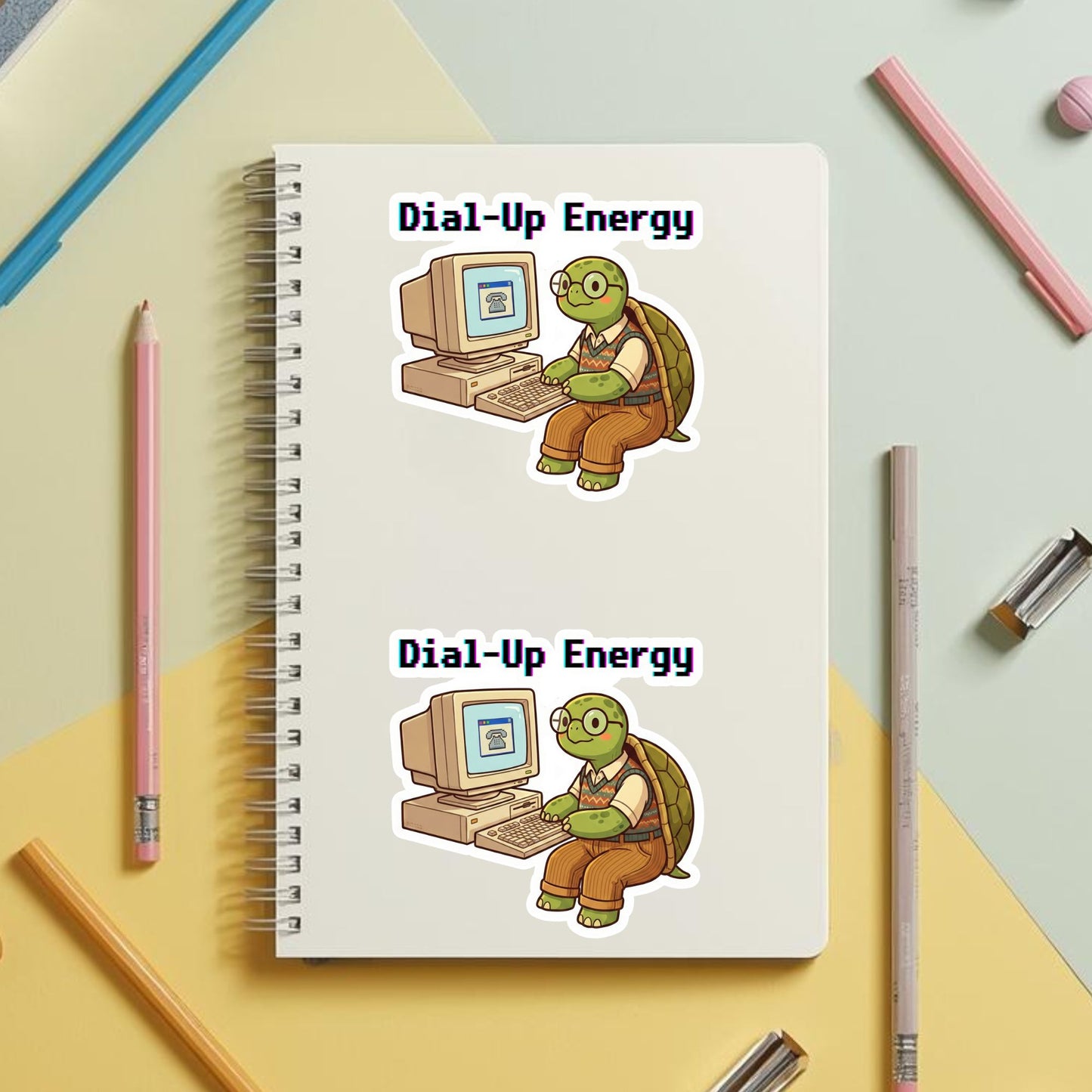 Dial-Up Energy Vintage Turtle | 90s Tech | White Vinyl | Die-Cut Sticker