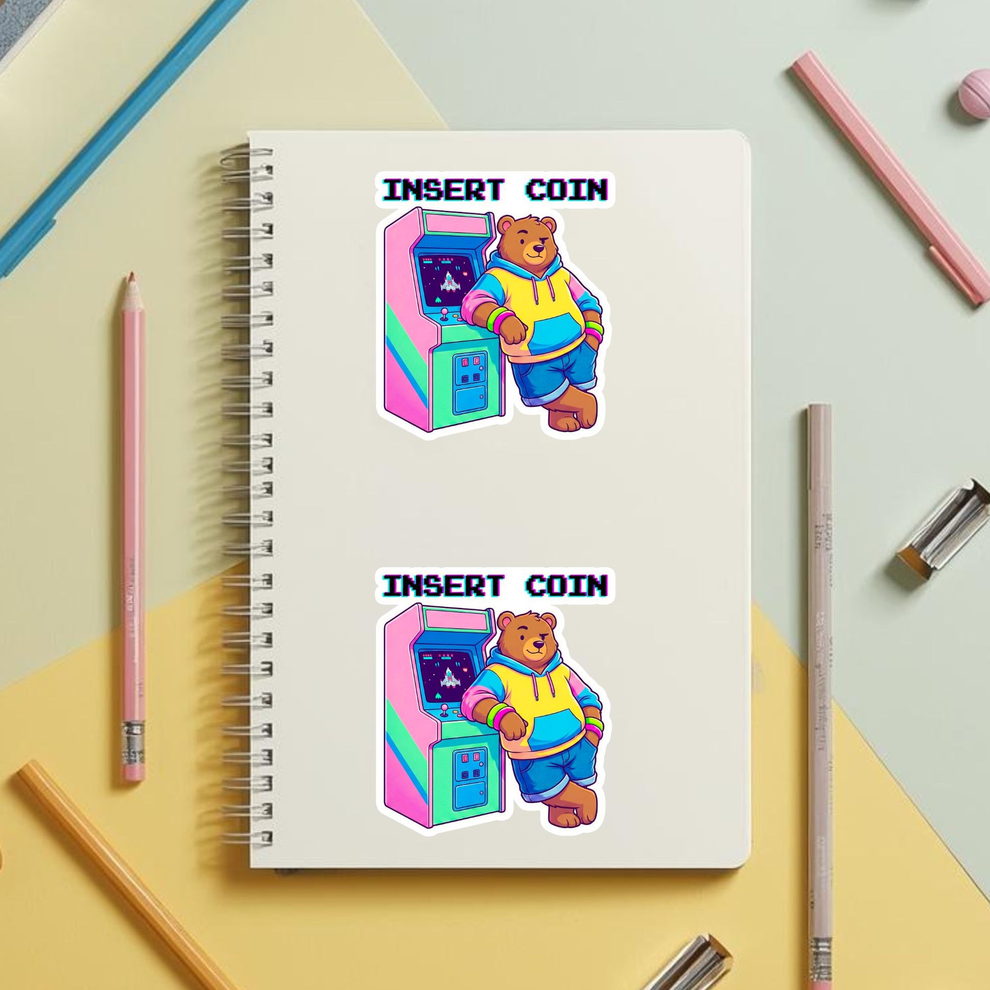 Insert Coin Arcade Bear | Retro Gamer | White Vinyl | Die-Cut Sticker