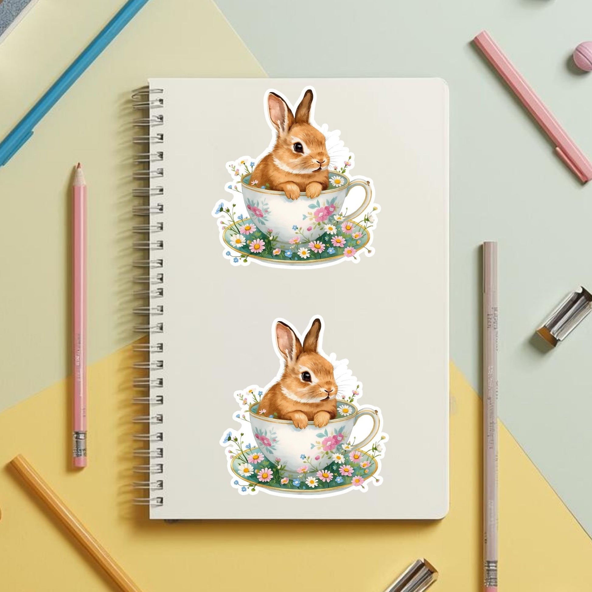 Bunny in Teacup Floral Spring | Cottagecore | White Vinyl | Die-Cut Sticker