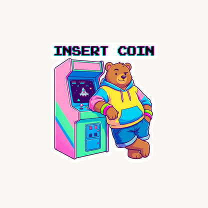 Insert Coin Arcade Bear | Retro Gamer | White Vinyl | Die-Cut Sticker