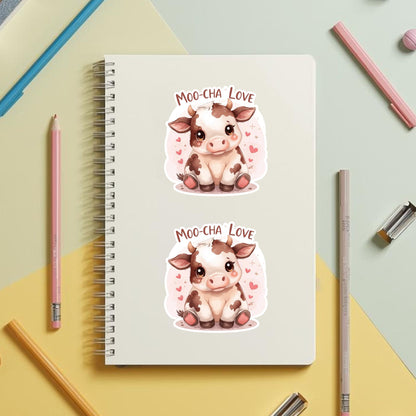 Moo-Cha Love Baby Cow | Kawaii Animal | White Vinyl | Die-Cut Sticker