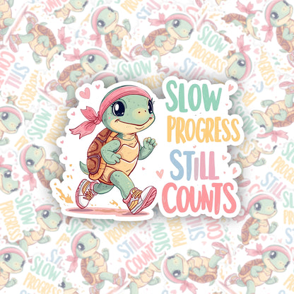 Slow Progress Still Counts Turtle | Motivational | White Gloss Vinyl | Die-Cut Sticker